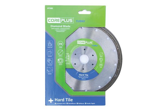 The CorePlus Hard Tile Turbo Diamond Blade has an ultra-thin, continuous PleXXus Turbo rim segment for precision chip-free porcelain tile cutting.A precision-engineered, high-grade steel reinforced core centre prevents de-tensioning. There is a high concentration of premium-grade diamond within the bond. The bonded cutting edge also helps to prevent the diamond from getting glazed over in use.Manufactured to EN 13236 quality standard.The CorePlus HT200 Hard Tile Turbo Diamond Blade has the following specification:Diameter: 200mmBore: 25.4mmSegment Height: 10mmSegment Width: 1.4mm