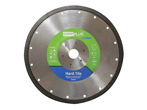 The CorePlus Hard Tile Turbo Diamond Blade has an ultra-thin, continuous PleXXus Turbo rim segment for precision chip-free porcelain tile cutting.A precision-engineered, high-grade steel reinforced core centre prevents de-tensioning. There is a high concentration of premium-grade diamond within the bond. The bonded cutting edge also helps to prevent the diamond from getting glazed over in use.Manufactured to EN 13236 quality standard.The CorePlus HT250 Hard Tile Turbo Diamond Blade has the following specification:Diameter: 250mmBore: 22.23mmSegment Height: 10mmSegment Width: 1.6mm