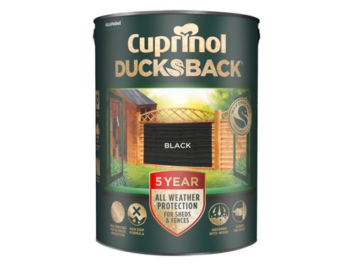 CUPDBBL5L Cuprinol Ducksback 5 Year Waterproof for Sheds & Fences Black 5 litre