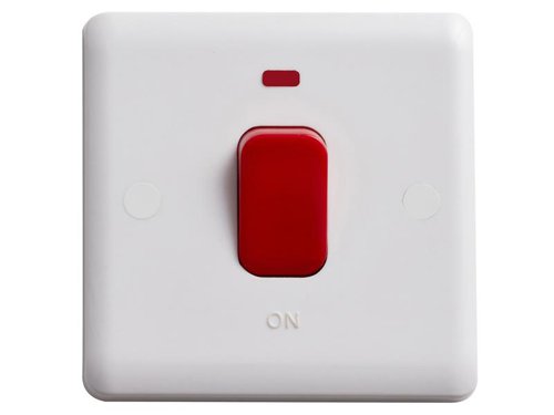 This Deta Vimark DP Switch has a red rocker and a handy neon indicator light. Its smooth, curved profile is made from durable, moulded plastic. Ideal for controlling one circuit.Designed to complement other products from the Deta Vimark range.