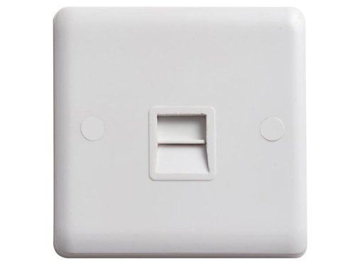 The Deta Vimark Secondary Telephone Outlet is made from durable, moulded plastic and has a smooth, curved profile. It has a shuttered socket which provides additional safety.Designed to complement other products from the Deta Vimark range.