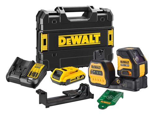 The DEWALT DCE088 Self-Levelling Cross Line Green Beam Laser is a multi-voltage XR power tool, compatible with both 12V and 18V Li-ion batteries. A green beam laser diode provides full brightness for visibility and extended working range. It has a variable blink sequence for manual mode and full-time pulse mode allows use with a detector. Fitted with a fine adjustment knob for precision and accuracy. There is also a locking pendulum to help prevent damage to internal components.Specification:Working Range: 30m (50m with detector)Accuracy: ± 3mm @ 10mLaser Class: 2Thread: 1/4in and 5/8inThe DEWALT DCE088D1G18 Cross Line Green Beam Laser is supplied with:1 x 18V 2.0Ah Li-ion Battery1 x Charger1 x Laser Target1 x Wall Mount Bracket1 x TSTAK™ Compatible Box