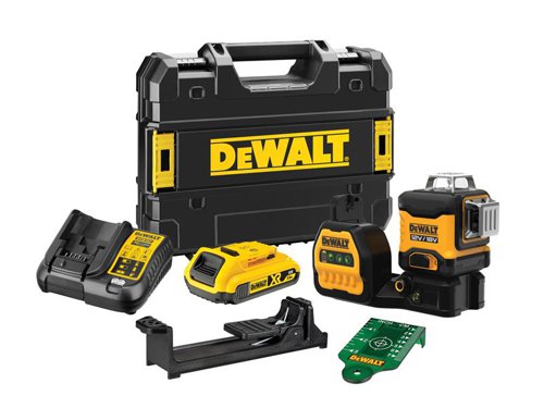 The DEWALT DCE089 Green Multi-Line Laser projects 3 x 360° self-levelling lines that will cover the entire room. It has a variable blink sequence for manual mode and a full-time pulse mode that allows use with a detector. The green laser diode provides full brightness for increased visibility and extended working range.A fine adjustment knob provides increased precision and accuracy. There is also a locking pendulum to help prevent damage to internal components. It can be powered by 12V or 18V DEWALT XR Li-ion slide-type batteries for extra-long run time and flexibility.Specification:Laser Class: 2Level Accuracy: ± 3mm @ 10mWorking Range: 30m (50m with detector)Thread: 1/4in and 5/8inWeight: 2.2kg (without battery)The DEWALT DCE089D1G18 3 x 360° Green Multi-Line Laser is supplied with:1 x 18V 2.0Ah Li-ion Battery1 x Multi-Voltage Charger1 x Laser Target1 x Wall Mount Bracket1 x TSTAK™ Carry Case