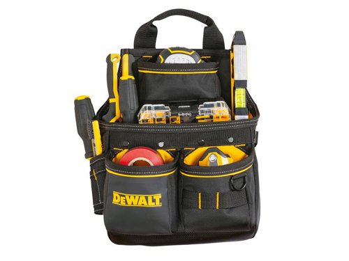 DEWALT DWST40201 Pro Nail Pouch with various pockets; two large front pockets for nails or screws, tape measure pouch, external pocket for compact levels and/or screwdrivers and metal hammer loop. Its wide open structure allows for easy access whilst the internal high-vis lining lets you locate tools with ease.Made from high-quality 1680D fabric and dirt repellent tarpaulin. With re-enforced stitching to increase durability and hold its shape over time. The durable webbing belt has dual belt eyelets and metal roller buckle for an enhanced hold. There is also a top carry handle so you can easily transport the belt when not in use. Specification:Belt Size: 132cm.