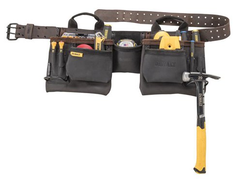 DEWALT DWST50112 Pro Leather Tool Apron with various pockets; two large front pockets, tape measure pouch, external screwdriver holders and two metal hammer loops.Made from premium nubuck top grain leather. Riveted at stress points for increased durability. The heavy-duty webbing leather belt has dual belt eyelets and metal roller buckle for an enhanced hold. There is also a top carry handle so you can easily transport the belt when not in use. Specification:Belt Size: 140cm.