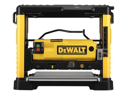 DEWALT DW733 Portable Thicknesser 1800 Watt 230 Volt head lock facility locks the cutter head into place to eliminate any movement in the cutter, providing a high quality surface finish. Large infeed and outfeed tables provide added material support when cutting large materials to improve the surface finish.Its 4 post column design allows the cutter head to move up and down smoothly and accurately. Designed for portability on the job site and in small workshops.The powerful 1800 Watt motor makes large surface planing easy, whilst holes located in the base enable the machine to be fitted to work bench. Has a thickness scale, material removal gauge and graduated depth crank make accurate planing quick and easy.Standard Equipment: Dust shroud and adapter, Allen key, Blade spanner, Blade changing guidesSpecifications:Input Power: 1,800 Watt.No Load Speed: 10,000/min.Feed Rate: 8m/min, Max Planing Depth: 2mm.Max Thicknesser Capacity: 152mm.Max Width Capacity: 317mm.Size (H x L x D): 445 x 520 x 310mm.Weight: 33.6kg.