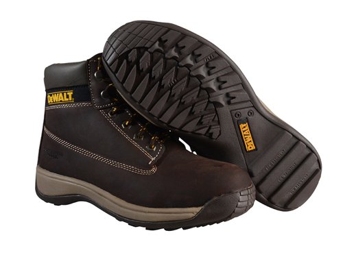 The DEWALT Apprentice Hiker Boots have nubuck and full grain leather uppers which are hard-wearing with an antibacterial insole with dual density seat. They are fitted with a steel toecap that has been tested to 200 joules. The sole is chemical and oil resistant and is made from EVA rubber.Available in Wheat or Brown.EN Test: CE EN ISO 20345-2011Safety Rating: SBSlip Rating: SRAThe DEWALT Apprentice Nubuck Hiker Boots have the following specification:Colour: Brown.Size: UK 10 EUR 45