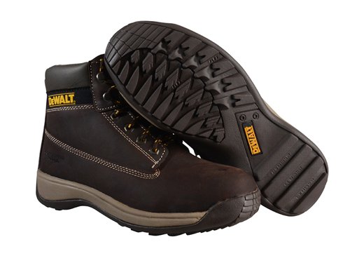 The DEWALT Apprentice Hiker Boots have nubuck and full grain leather uppers which are hard-wearing with an antibacterial insole with dual density seat. They are fitted with a steel toecap that has been tested to 200 joules. The sole is chemical and oil resistant and is made from EVA rubber.Available in Wheat or Brown.EN Test: CE EN ISO 20345-2011Safety Rating: SBSlip Rating: SRAThe DEWALT Apprentice Nubuck Hiker Boots have the following specification:Colour: Brown.Size: UK 11 EUR 46