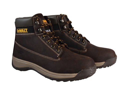 The DEWALT Apprentice Hiker Boots have nubuck and full grain leather uppers which are hard-wearing with an antibacterial insole with dual density seat. They are fitted with a steel toecap that has been tested to 200 joules. The sole is chemical and oil resistant and is made from EVA rubber.Available in Wheat or Brown.EN Test: CE EN ISO 20345-2011Safety Rating: SBSlip Rating: SRAThe DEWALT Apprentice Nubuck Hiker Boots have the following specification:Colour: Brown.Size: UK 6 EUR 39