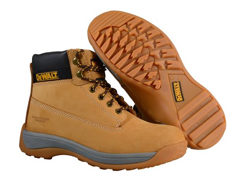 The DEWALT Apprentice Hiker Boots have nubuck and full grain leather uppers which are hard-wearing with an antibacterial insole with dual density seat. They are fitted with a steel toecap that has been tested to 200 joules. The sole is chemical and oil resistant and is made from EVA rubber.Available in Wheat or Brown.EN Test: CE EN ISO 20345-2011Safety Rating: SBSlip Rating: SRAThe DEWALT Apprentice Nubuck Hiker Boots have the following specification:Colour: Wheat.Size: UK 10 EUR 45