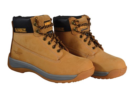 The DEWALT Apprentice Hiker Boots have nubuck and full grain leather uppers which are hard-wearing with an antibacterial insole with dual density seat. They are fitted with a steel toecap that has been tested to 200 joules. The sole is chemical and oil resistant and is made from EVA rubber.Available in Wheat or Brown.EN Test: CE EN ISO 20345-2011Safety Rating: SBSlip Rating: SRAThe DEWALT Apprentice Nubuck Hiker Boots have the following specification:Colour: Wheat.Size: UK 12 EUR 47