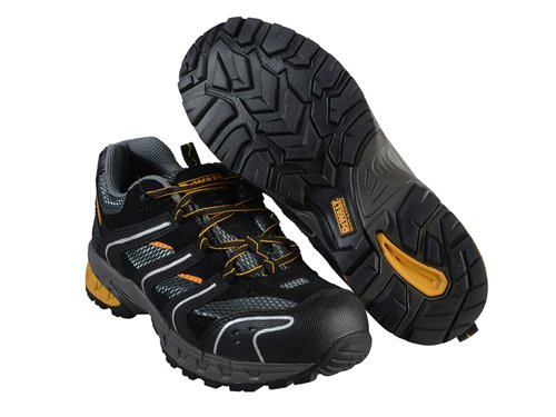 The DEWALT Cutter Safety Trainers have a lightweight synthetic upper with a padded tongue and collar for added comfort. The comfort insole provides comfortable all-day wear. They are fitted with a steel toecap that has been tested to 200 joules and a phylon/rubber outsole with an anti-scuff toe guard.EN Test: CE EN ISO 20345-2011Safety Rating: SBSlip Rating: SRA1 x Pair of DEWALT Cutter Safety Trainers Black UK 12 EUR 47