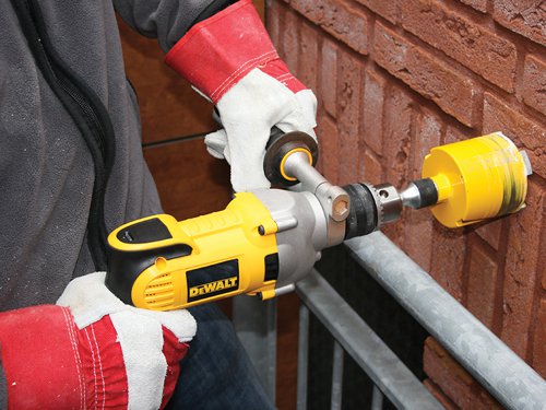 The DEWALT D21570K Dry Diamond Drill has a new motor which gives improved performance in applications with dry core bits up to 127mmn in bricks or soft masonry. The electronics provide e-clutch, power-up and overload protection and the two speed gearbox for increased versatility when drilling in wood, metal and concrete with standard drill bits.The electro-Mechanical clutch increases user control and protection and the heavy-duty 16mm steel chuck allows quick bit change whilst offering excellent bit retention. It has a innovative mode selection collar which allows intuitive control for optimal performance.Standard Equipment: Multi-Position side handle, Depth Stop, and Heavy-duty Carrying Case.Specifications:Chuck: 16mm Keyed.Spindle Thread: 1/2in x 20 UNF.Input Power: 1,300 Watt.Power Output: 680 Watt. No Load Speed: 0-1,250/0-3,500/min.Capacity: Core (Brick/Maonry): 127mm.Collar Diameter: 43mm.Length 380mm.Height 215mm.Weight: 3.0kg.The DEWALT D21570K Dry Diamond Drill 2 Speed 1300 Watt 127mm in the 240 Volt Version.