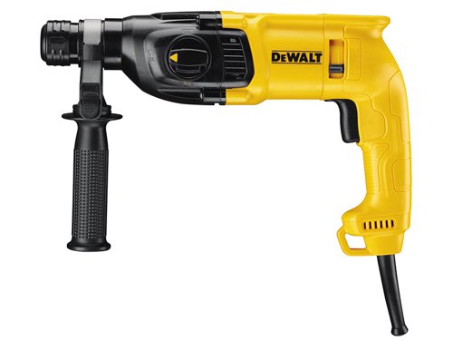 The DEWALT D25033K SDS Plus 3 Mode Hammer Drill is ideal for drilling anchor and fixing holes into concrete and masonry from 4 to 22mm in diameter. It has a rotation-stop mode for light chiselling applications in brick, soft masonry and occasionally concrete. Its impact-stop mode is suitable for drilling in wood, steel, ceramic and screwdriving applications. The large hammer mechanism delivers high performance with low stress to the critical components, resulting in better durability.The drill has a mechanical clutch that eliminates sudden high-torque reaction, should the bit jam. It also features electronic variable speed for total control in any application. Its rounded ergonomic industrial design allows easy and comfortable handling in any application.Supplied with: 1 x Multi-Position Side Handle, 1 x Depth Stop and 1 x Heavy-Duty Carrying Case.Specifications:Mode: Rotary, SDS Hammer, Chisel Only.Input Power: 710W.No Load Speed: 0-1,550/min. Impact Rate: 0-5,680/bpm, 2.0 joules.Capacity: Wood 30mm, Steel 13mm, Concrete 22mm, Core 50mm.Toolholder: SDS.Weight: 2.5kg.The D25033K SDS Plus 3 Mode Hammer Drill 710W in the 240V Version.