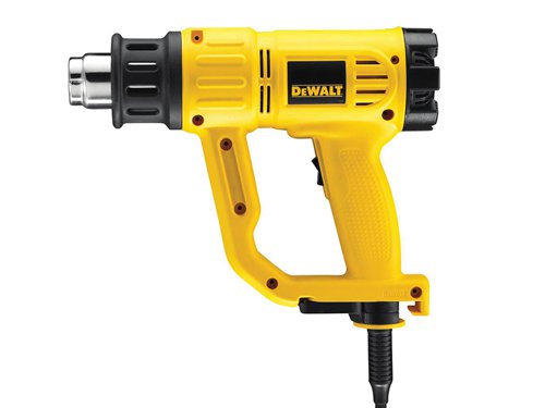 The DEWALT D26411 Heatgun has a durable design with added protection for the heating element. Lightweight ergonomics and a compact design increase comfort during application.The Heatgun has 2 airflows to maximise control in most applications. It comes with a large stable support stand to ensure safety in staionary applications and is supplied with 2 cone attachments to increase versatility for specific applications.Applications: Stripping paint.Shrinking packaging and wrapping. Softening adhesives and removing stickers. Automotive applications. Moulding and welding plastics. Softening metal pipes for bending. Shrinking cable ends. Loosening nuts and bolts. Thawing frozen water pipes.Specifications:Input Power: 1,800W. Airflow: 250/450 L/min. Air Temperature: 50-400C/50-600°CLength: 253mm. Height: 210mm.Weight: 0.8kg.