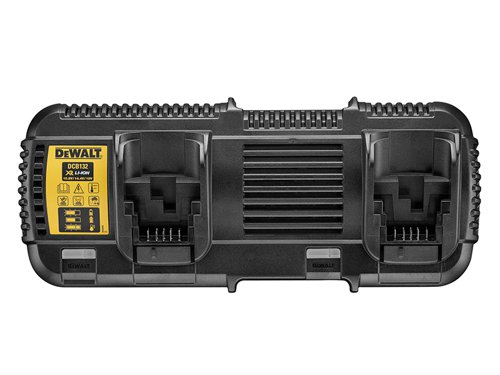 The DEWALT DCB132 FlexVolt XR Dual Port Multi-Voltage Charger simultaneously charges 2 XR Li-Ion DEWALT 10.8, 14.4 or 18/54 Volt slide pack batteries. A bright LED indicator communicates battery charge status: charged, charging, power problem, and battery too hot or too cold conditions.