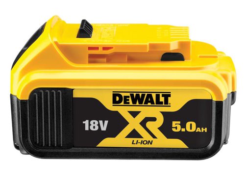 The DEWALT XR Slide Li-ion Battery Pack offers extended run time and optimised power to complete applications quickly. No memory effect and virtually no self-discharge for maximum productivity and less downtime. A LED state of charge indicator helps to manage charging/working time.Compatible with all 18V XR slide on tools and XR chargers.The DEWALT DCB184 5.0Ah XR Li-ion battery packs will deliver 66% more runtime than a standard 3.0Ah battery pack. They have an LED state of charge indicator to help manage pack charging. They have a lightweight design that provides the user with upgraded 5.0Ah Power without increasing the size or weight over the 18 Volt 3.0Ah battery pack.