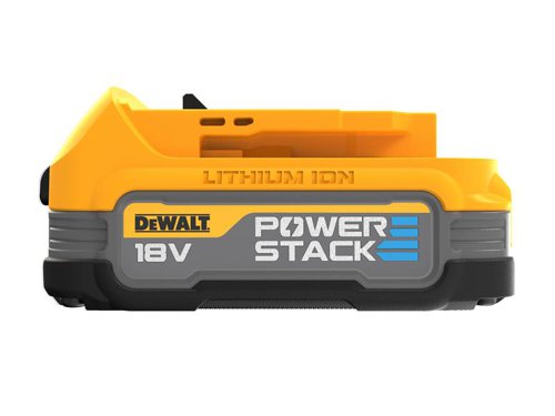 The DEWALT XR POWERSTACK™ Slide Battery features stacked pouch cell battery technology providing a low impedance construction, the rate of flow of electrons is much higher thanks to the innovative internal pouch battery connectors, and electrodes.The XR Slide Battery provides a greater surface area versus a traditional cylindrical battery cell type, and it also benefits from superior thermal performance, versus cylindrical batteries. This increases battery durability, and improves the cycle life and results.The XR works with the complete line of 18V XR tools and chargers, bringing a new lease of life and power to existing power tools.The DEWALT DCBP034 XR POWERSTACK™ Slide Battery is 25% smaller and 15% lighter than the DEWALT DCB183 18V XR 2.0Ah battery, making it easier to use in tight workspaces.