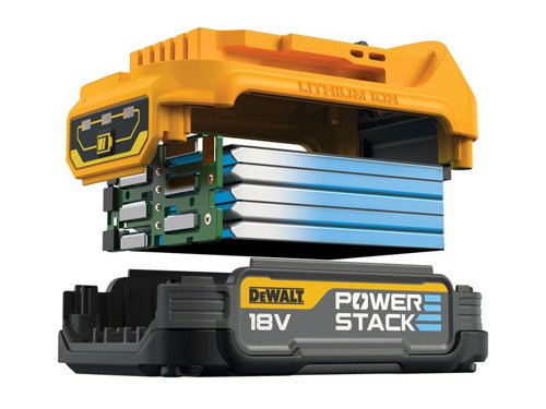 The DEWALT XR POWERSTACK™ Slide Battery features stacked pouch cell battery technology providing a low impedance construction, the rate of flow of electrons is much higher thanks to the innovative internal pouch battery connectors, and electrodes.The XR Slide Battery provides a greater surface area versus a traditional cylindrical battery cell type, and it also benefits from superior thermal performance, versus cylindrical batteries. This increases battery durability, and improves the cycle life and results.The XR works with the complete line of 18V XR tools and chargers, bringing a new lease of life and power to existing power tools.The DEWALT DCBP034 XR POWERSTACK™ Slide Battery is 25% smaller and 15% lighter than the DEWALT DCB183 18V XR 2.0Ah battery, making it easier to use in tight workspaces.