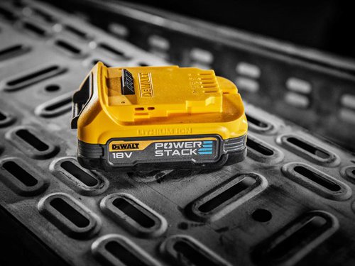 The DEWALT XR POWERSTACK™ Slide Battery features stacked pouch cell battery technology providing a low impedance construction, the rate of flow of electrons is much higher thanks to the innovative internal pouch battery connectors, and electrodes.The XR Slide Battery provides a greater surface area versus a traditional cylindrical battery cell type, and it also benefits from superior thermal performance, versus cylindrical batteries. This increases battery durability, and improves the cycle life and results.The XR works with the complete line of 18V XR tools and chargers, bringing a new lease of life and power to existing power tools.The DEWALT DCBP034 XR POWERSTACK™ Slide Battery is 25% smaller and 15% lighter than the DEWALT DCB183 18V XR 2.0Ah battery, making it easier to use in tight workspaces.