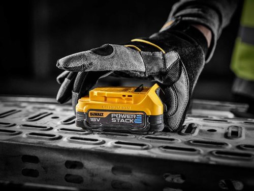 The DEWALT XR POWERSTACK™ Slide Battery features stacked pouch cell battery technology providing a low impedance construction, the rate of flow of electrons is much higher thanks to the innovative internal pouch battery connectors, and electrodes.The XR Slide Battery provides a greater surface area versus a traditional cylindrical battery cell type, and it also benefits from superior thermal performance, versus cylindrical batteries. This increases battery durability, and improves the cycle life and results.The XR works with the complete line of 18V XR tools and chargers, bringing a new lease of life and power to existing power tools.The DEWALT DCBP034 XR POWERSTACK™ Slide Battery is 25% smaller and 15% lighter than the DEWALT DCB183 18V XR 2.0Ah battery, making it easier to use in tight workspaces.