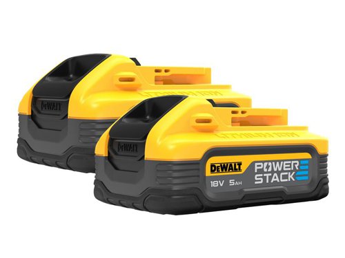 The DEWALT XR POWERSTACK™ Slide Battery features stacked pouch cell battery technology providing a low impedance construction, the rate of flow of electrons is much higher thanks to the innovative internal pouch battery connectors, and electrodes.The XR Slide Battery provides a greater surface area versus a traditional cylindrical battery cell type, and it also benefits from superior thermal performance, versus cylindrical batteries. This increases battery durability, and improves the cycle life and results.The XR works with the complete line of 18V XR tools and chargers, bringing a new lease of life and power to existing power tools.This DEWALT DCBP518H2 POWERSTACK™ Slide Battery Twin Pack contains; 2 x 18V DCBP518H2 POWERSTACK™ Slide Batteries 5.0Ah Li-ion.