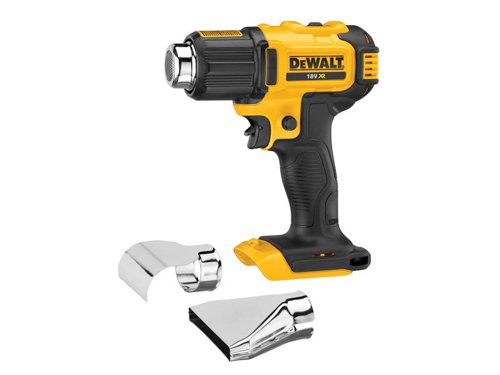 The DEWALT DCE530 XR Cordless Heat Gun can be used for a multitude of applications on site, such as: shrinking electrical tubing, bending PVC pipes, drying materials, loosening nuts and bolts etc. It has a compact design that is easy to use.The lock-on button allows the heat gun to be kept on, improving user comfort and enabling hands-free use. It also has a lock-off safety switch which prevents the trigger from being activated accidentally during transport or storage.Supplied as a Bare Unit, no battery or charger supplied.Includes 1 x Reflector Nozzle and 1 x Surface Nozzle.Specifications:Airflow: 109-190L/min. Air Temperature: 290-530°C.Weight: 0.5kg.