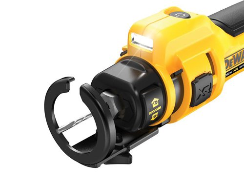 The DEWALT DCE555 XR Drywall Cut Out Tool has a brushless motor enabling fast and clean cutting on a variety of wall paneling. Itâ€™s forward-positioned on-off button enables easy actuation. Tool-free bit change enables fast bit change without the need for a wrench.Comes as a Bare Unit, NO battery or charger supplied.Supplied with: 1 x Drywall Cutting Bit, 1 x General Purpose Bit, 1 x 6.4mm (1/8in) Collet, 1 x 3.2mm (1/4in) Collet and 1 x Adjustable Depth Stop.Specifications:Collect Size: 1/4in, 1/8in.No Load Speed: 26,000/min.Weight: 1.1kg (without battery).