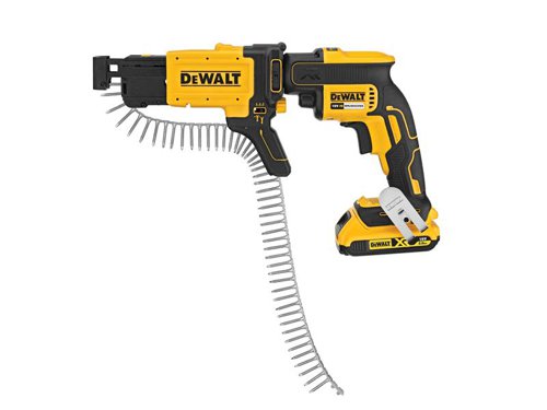 The DEWALT DCF6202 Collated Drywall Screw Gun Attachment connects to the DCF620 Brushless Drywall Screwdriver to enable tool usage with flexible-strip collated drywall screws. It offers tool-free screw length adjustment with detent marks that allow for easy and clear setup for varying screw lengths. The 360° rotation capability and slim nose with removable shoe allows easy access into tight corners. Tool-free spring removal allows for easy cleaning of attachment.