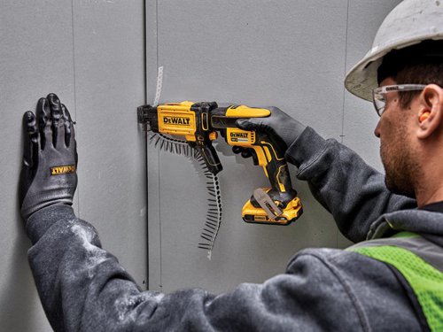 The DEWALT DCF6202 Collated Drywall Screw Gun Attachment connects to the DCF620 Brushless Drywall Screwdriver to enable tool usage with flexible-strip collated drywall screws. It offers tool-free screw length adjustment with detent marks that allow for easy and clear setup for varying screw lengths. The 360° rotation capability and slim nose with removable shoe allows easy access into tight corners. Tool-free spring removal allows for easy cleaning of attachment.
