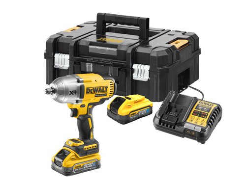 The DEWALT DCF900 XR High Torque Impact Wrench has an efficient brushless motor delivers high performance, extends tool life and allows for much shorter design. Its variable trigger provides complete control over all applications.The compact design enables easy access in confined areas. Fitted with a comfortable rubber XR grip and switch for greater application comfort and maximum control. An ultra-bright white LED work light with a delay feature improves visibility. Brightness control allows dimming or turn off to suit the working conditions.Specifications:Bit Holder: 1/2in Square Drive.No Load Speed: 0-2,300/min.Impact Rate: 18,000/bpm.Max. Torque: 1,396Nm, Breakaway Torque: 1,898Nm.Weight: 2.8kg (without battery).The DEWALT DCF900H2T XR Brushless 1/2in High Torque Impact Wrench is supplied with:2 x 5.0Ah POWERSTACKâ„¢ Li-ion Batteries.1 x Multi-Voltage Charger.1 x TSTAKâ„¢ Kitbox.