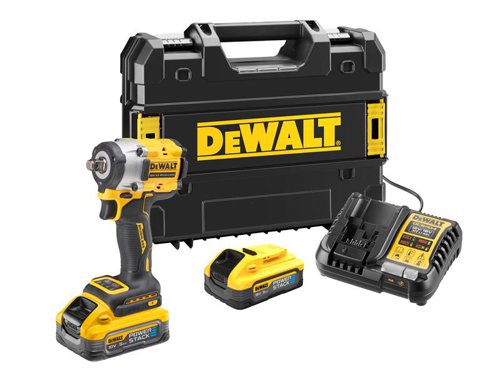 The DEWALT DCF921 XR Impact Wrench has an efficient brushless motor and 1/2in square drive with hog ring for quick socket changes. A hole in the anvil enables the securing of sockets with a retaining pin/rubber O-ring, making it the ideal impact wrench for scaffolders.Its variable speed trigger provides complete control over all applications and tactile 4-mode select feature, a selection of different modes and speed settings for ultimate performance.* Mode 1 Low Speed: tool operates at a reduced speed and outputs approximately 160Nm, reverse tool operates at normal speed.* Mode 2 Mid Speed: tool operates at a reduced speed and outputs approximately 400Nm, reverse tool operates at normal speed.* Mode 3 High Speed: tool operates at normal speed, reverse tool operates at normal speed.* Mode 4 Precision Wrench: tool pauses before impacting to help prevent over-tightening, reverse tool lowers speed when fastening is loose to help prevent run-off.Its ultra-compact design enables easy access in confined areas. Fitted with a comfortable rubber XR grip and switch for greater application comfort and maximum control. An ultra-bright white LED work light with a delay feature improves visibility. Brightness control allows dimming or turn off to suit the working conditions.Comes with a 1 Year Warranty. Specifications:Bit Holder: 1/2in Hog Ring.No Load Speed: 2,500/min.Impact Rate: 3,600/bpm.Max. Fastening Torque: 406Nm.Nut Busting Torque: 610Nm.Weight: 1.1kg (without battery).The DEWALT DCF921H2T XR BL 1/2in Impact Wrench has an efficient brushless motor and 1/2in square drive with hog ring for quick socket changes. A hole in the anvil enables the securing of sockets with a retaining pin/rubber O-ring, making it the ideal impact wrench for scaffolders.Its variable speed trigger provides complete control over all applications and tactile 4-mode select feature, a selection of different modes and speed settings for ultimate performance.* Mode 1 Low Speed: tool operates at a reduced speed and outputs approximately 160Nm, reverse tool operates at normal speed.* Mode 2 Mid Speed: tool operates at a reduced speed and outputs approximately 400Nm, reverse tool operates at normal speed.* Mode 3 High Speed: tool operates at normal speed, reverse tool operates at normal speed.* Mode 4 Precision Wrench: tool pauses before impacting to help prevent over-tightening, reverse tool lowers speed when fastening is loose to help prevent run-off.Its ultra-compact design enables easy access in confined areas. Fitted with a comfortable rubber XR grip and switch for greater application comfort and maximum control. An ultra-bright white LED work light with a delay feature improves visibility. Brightness control allows dimming or turn off to suit the working conditions.Comes with a 1 Year Warranty. It is supplied with:2 x 18V POWERSTACKâ„¢ Li-ion Batteries 5.0Ah.1 x DCB1104 Charger.1 x TSTAKâ„¢ Heavy-duty Kitbox.Specifications:Bit Holder: 1/2in Hog Ring.No Load Speed: 2,500/min.Impact Rate: 3,600/bpm.Max. Fastening Torque: 406Nm.Nut Busting Torque: 610Nm.Weight: 1.1kg (without battery).