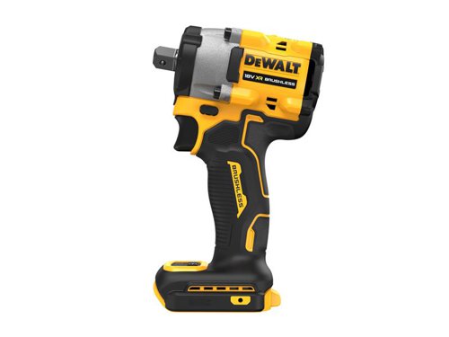 The DEWALT DCF922 XR Impact Wrench has an efficient brushless motor and 1/2in square drive with detent pin for quick socket changes. Its variable speed trigger provides complete control over all applications and tactile 4-mode select feature, a selection of different modes and speed settings for ultimate performance.* Mode 1 Low Speed: tool operates at a reduced speed and outputs approximately 160Nm, reverse tool operates at normal speed.* Mode 2 Mid Speed: tool operates at a reduced speed and outputs approximately 400Nm, reverse tool operates at normal speed.* Mode 3 High Speed: tool operates at normal speed, reverse tool operates at normal speed.* Mode 4 Precision Wrench: tool pauses before impacting to help prevent over-tightening, reverse tool lowers speed when fastening is loose to help prevent run-off.Its ultra-compact design enables easy access in confined areas. Fitted with a comfortable rubber XR grip and switch for greater application comfort and maximum control. An ultra-bright white LED work light with a delay feature improves visibility. Brightness control allows dimming or turn off to suit the working conditions.Specifications:Bit Holder: 1/2in Detent Pin.No Load Speed: 2,500/min.Impact Rate: 3,600/bpm.Max. Fastening Torque: 406Nm.Nut Busting Torque: 610Nm.Weight: 1.1kg (without battery).The DEWALT DCF922N XR Brushless 1/2in Impact Wrench is supplied as a Bare Unit - No Battery or Charger.