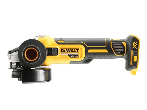 The DEWALT DCG405 XR Brushless Grinder has a powerful fan cooled motor with a mesh cover that provides additional motor protection by preventing dust being sucked through the motor. Its electronic clutch reduces the kick back reaction in the event of a pinch or stall.The two position side handle provides greater control, whilst the rubber overmould provides enhanced grip and comfort. For added safety, the electronic brake stops the wheel quickly when the trigger is released.Specifications:No Load Speed: 9,000/min.Disc Diameter: 125mm, M14 Spindle.Weight: 1.75kg.The DEWALT DCG405N XR Brushless Grinder is supplied as a bare unit, no battery or charger supplied.