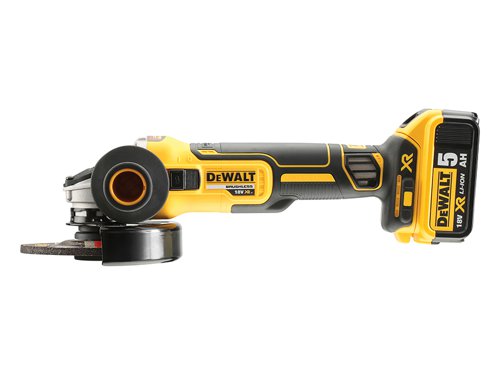 The DEWALT DCG405 XR Brushless Grinder has a powerful fan cooled motor with a mesh cover that provides additional motor protection by preventing dust being sucked through the motor. Its electronic clutch reduces the kick back reaction in the event of a pinch or stall.The two position side handle provides greater control, whilst the rubber overmould provides enhanced grip and comfort. For added safety, the electronic brake stops the wheel quickly when the trigger is released.Specifications:No Load Speed: 9,000/min.Disc Diameter: 125mm, M14 Spindle.Weight: 1.75kg.The DEWALT DCG405P2 XR Brushless Grinder is supplied with:2 x 18 Volt 5.0Ah Li-ion Batteries.1 x 2 Position Side Handle.1 x Keyless Protective Guard.1 x Blade Wrench.1 x Multi-Voltage Charger.