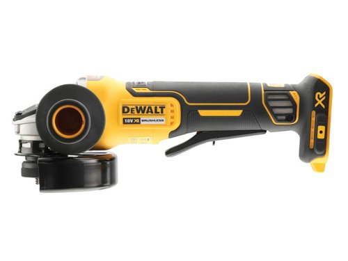 DEWALT DCG406N XR Brushless Angle Grinder with paddle switch operation. An electronic brake stops the wheel quickly when the trigger is released, whilst an electronic clutch reduces the kickback reaction in the event of a pinch or stall.A mesh cover restricts dust being sucked through the motor, prolonging motor life. The ergonomic design includes a rubber overmould for increased grip and comfort. Its two-position side handle allows for greater comfort and control.Bare Unit - No Battery or Charger supplied.Specifications:No Load Speed: 9,000/min.Max. Disc Diameter: 125mm.Spindle Thread: M14.Weight: 1.75kg.