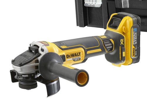 The DEWALT DCG409 XR Advantage Grinder has a brushless motor provides increased run time and durability. An electronic soft start allows for a more controlled start-up. Protective mesh dust guards offer additional protection by protecting against motor contamination, increasing tool durability.FlexVolt ADVANTAGE technology. This unique electronic module features pack identification technology. This enables the tool to recognise when an XR FLEXVOLT battery is attached and unlock even more power.Its electronic brake and clutch work quickly to keep you safe. The rubber overmoulded rear and side handles increase user comfort and control.Supplied as standard:1 x 2-Position Side Handle.1 x Keyless Protective Guard.1 x Hex Key.1 x Inner Disc Flange.1 x Outer Disc Flange.Specification:No Load Speed: 9,000/min.Max. Disc Diameter: 125mm.Spindle Thread: M14.Weight: 1.8kg (without battery).The DEWALT DCG409H2T XR Advantage Grinder 125mm has a brushless motor provides increased run time and durability. An electronic soft start allows for a more controlled start-up. Protective mesh dust guards offer additional protection by protecting against motor contamination, increasing tool durability.FlexVolt ADVANTAGE technology. This unique electronic module features pack identification technology. This enables the tool to recognise when an XR FLEXVOLT battery is attached and unlock even more power.Its electronic brake and clutch work quickly to keep you safe. The rubber overmoulded rear and side handles increase user comfort and control.Supplied with:2 x 18V POWERSTACK™ Li-ion Batteries 5.0Ah.1 x DCB1104 Charger.1 x 2-Position Side Handle.1 x Keyless Protective Guard.1 x Hex Key.1 x Inner Disc Flange.1 x Outer Disc Flange.1 x TSTAK™ Heavy-duty Kitbox.Specifications:No Load Speed: 9,000/min.Max. Disc Diameter: 125mm.Spindle Thread: M14.Weight: 1.8kg (without battery).