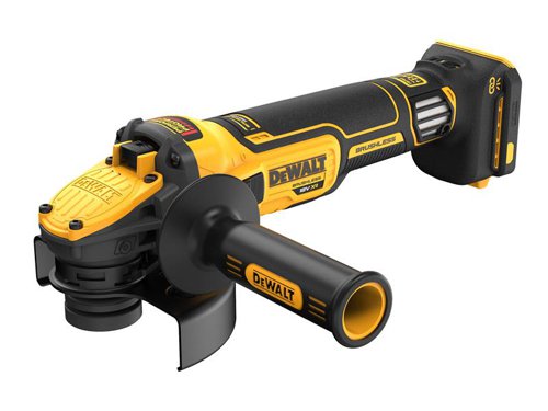 The DEWALT DCG409VS XR FlexVolt Advantage Grinder uses intelligent electronics to sense what battery is in the tool. Both power and torque are increased when using XR FlexVolt batteries. This grinder providing up to 42% more power when used with XR batteries compared to standard 18V packs.An adjustable variable speed dial allows the user to pre-set speeds for more control and correct application. The brushless motor provides increased run time and durability while an electronic soft start allows for a more controlled start-up. This DEWALT product has protective mesh dust guards offering additional protection against motor contamination and increasing tool durability. Its electronic brake and clutch work quickly to keep you safe and the rubber overmoulded rear and side handles increase user comfort and control.Comes as a Bare Unit, NO battery or charger provided. Supplied with: 1 x 2-Position Side Handle, 1 x Keyless Protective Guard, 1 x Hex Key, 1 x Inner Disc Flange, 1 x Outer Disc Flange and 1 x TSTAK™ Kitbox.Specifications:No Load Speed: 3,000-9,000/min.Max. Disc Diameter: 125mm.Spindle Thread: M14.Weight: 1.8kg (without battery).