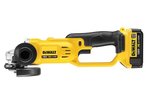 The DEWALT DCG412 125mm XR Premium Angle Grinder has a powerful fan cooled motor and intelligent variable speed trigger and lock-off switch for enhanced work safety and control. It features the XR Lithium Ion Technology and is part of the intelligent XR Lithium Ion Series designed for efficiency and making applications faster.The powerful and highly efficient PM58 DEWALT fan cooled motor has replaceablebrushes, and delivers up to 7,000 rotations per minute for fast cutting and grinding applications.It has steel cut spiral bevel gears which provide the highest level of durability and low vibration, increasing user productivity and the low profile jam pot gear case improves gear durability and ergonomics.Specifications:No Load Speed: 7,000/min.Disc Diameter: 125mm.Spindle: M14.Weight: 3.0kg.DEWALT DCG412M2 125mm XR Premium Angle Grinder 18 Volt.It is supplied with a 2 position side handle, keyless protective guard, blade wrench, multi-voltage charger, 2 x 4.0Ah XR Li-ion battery packs with state of charge indicator and a heavy-duty kit box.