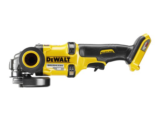 The DEWALT DCG414XR FlexVolt Grinder has a brushless motor for improved performance, even in demanding applications. With a recessed spindle lock design that allows max depth of cut and greater protection to the button, especially when its used in confined spaces.The electronic brake stops the wheel quickly when the trigger is disengaged and the electronic clutch reduces the kickback reaction in the event of a pinch or stall. The grinder is fitted with a rubber overmold that provides enhanced grip and comfort.Comes with a two position side handle that offers greater comfort and control.Specifications:No Load Speed: 9,000/min.Disc Diameter: 125mm.Spindle: M14.Weight: 2.9kg.The DEWALT DCG414N FlexVolt XR Grinder comes as a bare unit, NO battery or charger supplied.