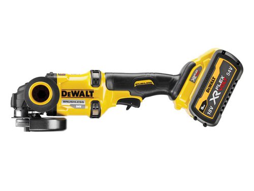 The DEWALT DCG418 XR FlexVolt Grinder has a high power density motor with more copper and higher grade magnets for increased power, as well as an upgraded electronic module programme and components. A mesh guard improves durability and reduces motor dust ingress/contamination. When powered by a FlexVolt DCB546 or DCB547 battery, it provides up to 30% more power than the DCG414.Its compact gear case allows ease of use and access into tight spaces. Fitted with a rubber overmould that provides enhanced grip and comfort. An E-brake and E-clutch increase user safety, helping to protect the user in the event of disc bind up. There is also a one-touch guard system for easy keyless guard adjustments.Comes with a two-position side handle that offers greater comfort and control.Specifications:No Load Speed: 9,000/min.Max. Disc Diameter: 125mm.Weight: 2.2kg.The DEWALT DCG418X2 XR FlexVolt Grinder is supplied with:2 x 18/54V 9.0/3.0Ah FlexVolt Li-ion Batteries.1 x Side Handle.1 x Keyless Guard.1 x Blade Wrench.1 x DCB116 Charger.1 x TSTAK™ II Carry Case.