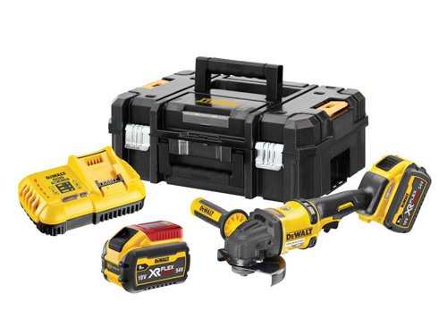 The DEWALT DCG418 XR FlexVolt Grinder has a high power density motor with more copper and higher grade magnets for increased power, as well as an upgraded electronic module programme and components. A mesh guard improves durability and reduces motor dust ingress/contamination. When powered by a FlexVolt DCB546 or DCB547 battery, it provides up to 30% more power than the DCG414.Its compact gear case allows ease of use and access into tight spaces. Fitted with a rubber overmould that provides enhanced grip and comfort. An E-brake and E-clutch increase user safety, helping to protect the user in the event of disc bind up. There is also a one-touch guard system for easy keyless guard adjustments.Comes with a two-position side handle that offers greater comfort and control.Specifications:No Load Speed: 9,000/min.Max. Disc Diameter: 125mm.Weight: 2.2kg.The DEWALT DCG418X2 XR FlexVolt Grinder is supplied with:2 x 18/54V 9.0/3.0Ah FlexVolt Li-ion Batteries.1 x Side Handle.1 x Keyless Guard.1 x Blade Wrench.1 x DCB116 Charger.1 x TSTAK™ II Carry Case.