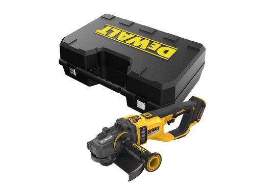 The DEWALT DCG460 XR FlexVolt Angle Grinder has a brushless motor for improved performance, even in demanding applications. Its soft start feature helps to prevent the tool from jolting upon start up. Whilst the electronic Clutch (E-Clutch) eliminates kick back and protects both user and tool from high-load situations.Its compact gear casing allows better access in to limited spaces. The handle incorporates overmoulded grips and a side handle for ultimate usability and comfort. For the long-life of the grinder, a mesh guard reduces dust intake to the motor.Specifications:No Load Speed: 6,000/min.Blade Diameter: 230mm.Bore: M14.Weight: 5.94kg.The DEWALT DCG460NK XR FlexVolt Angle Grinder comes with:1 x Grinding Guard.1 x Cutting Guard.1 x Hex Wrench.1 x Side Handle.1 x Kit Box.NO battery or charger supplied.