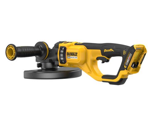 The DEWALT DCG460 XR FlexVolt Angle Grinder has a brushless motor for improved performance, even in demanding applications. Its soft start feature helps to prevent the tool from jolting upon start up. Whilst the electronic Clutch (E-Clutch) eliminates kick back and protects both user and tool from high-load situations.Its compact gear casing allows better access in to limited spaces. The handle incorporates overmoulded grips and a side handle for ultimate usability and comfort. For the long-life of the grinder, a mesh guard reduces dust intake to the motor.Specifications:No Load Speed: 6,000/min.Blade Diameter: 230mm.Bore: M14.Weight: 5.94kg.The DEWALT DCG460NK XR FlexVolt Angle Grinder comes with:1 x Grinding Guard.1 x Cutting Guard.1 x Hex Wrench.1 x Side Handle.1 x Kit Box.NO battery or charger supplied.