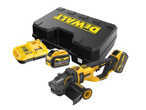 The DEWALT DCG460 XR FlexVolt Angle Grinder has a brushless motor for improved performance, even in demanding applications. Its soft start feature helps to prevent the tool from jolting upon start up. Whilst the electronic Clutch (E-Clutch) eliminates kick back and protects both user and tool from high-load situations.Its compact gear casing allows better access in to limited spaces. The handle incorporates overmoulded grips and a side handle for ultimate usability and comfort. For the long-life of the grinder, a mesh guard reduces dust intake to the motor.Specifications:No Load Speed: 6,000/min.Blade Diameter: 230mm.Bore: M14.Weight: 5.94kg.The DEWALT DCG460X2XR FlexVolt Angle Grinder is supplied with:2 x 18/54V 9.0/3.0Ah FlexVolt Li-ion Batteries.1 x DCB118 Battery Charger.1 x Grinding Guard.1 x Cutting Guard.1 x Hex Wrench.1 x Side Handle.1 x Kit Box.