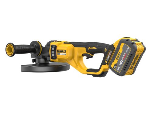 The DEWALT DCG460 XR FlexVolt Angle Grinder has a brushless motor for improved performance, even in demanding applications. Its soft start feature helps to prevent the tool from jolting upon start up. Whilst the electronic Clutch (E-Clutch) eliminates kick back and protects both user and tool from high-load situations.Its compact gear casing allows better access in to limited spaces. The handle incorporates overmoulded grips and a side handle for ultimate usability and comfort. For the long-life of the grinder, a mesh guard reduces dust intake to the motor.Specifications:No Load Speed: 6,000/min.Blade Diameter: 230mm.Bore: M14.Weight: 5.94kg.The DEWALT DCG460X2XR FlexVolt Angle Grinder is supplied with:2 x 18/54V 9.0/3.0Ah FlexVolt Li-ion Batteries.1 x DCB118 Battery Charger.1 x Grinding Guard.1 x Cutting Guard.1 x Hex Wrench.1 x Side Handle.1 x Kit Box.