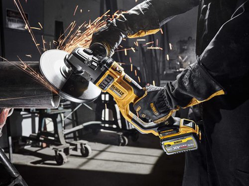 The DEWALT DCG460 XR FlexVolt Angle Grinder has a brushless motor for improved performance, even in demanding applications. Its soft start feature helps to prevent the tool from jolting upon start up. Whilst the electronic Clutch (E-Clutch) eliminates kick back and protects both user and tool from high-load situations.Its compact gear casing allows better access in to limited spaces. The handle incorporates overmoulded grips and a side handle for ultimate usability and comfort. For the long-life of the grinder, a mesh guard reduces dust intake to the motor.Specifications:No Load Speed: 6,000/min.Blade Diameter: 230mm.Bore: M14.Weight: 5.94kg.The DEWALT DCG460X2XR FlexVolt Angle Grinder is supplied with:2 x 18/54V 9.0/3.0Ah FlexVolt Li-ion Batteries.1 x DCB118 Battery Charger.1 x Grinding Guard.1 x Cutting Guard.1 x Hex Wrench.1 x Side Handle.1 x Kit Box.