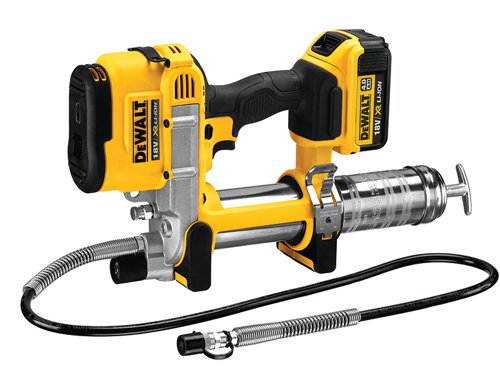The DEWALT Cordless XR Grease Gun performs routine lubrication up to twice as fast as a manual grease gun, with 690 bar (10,000 PSI) of output pressure and a flow rate of 147g per minute. It delivers high pressure to clear clogged fittings and has a purge valve that allows the user to bleed excess air that can become trapped in pump valves.It has a 1 meter hose, for hard-to-reach fittings and an LED light, to illuminate fittings that are difficult to locate. The innovative pump filter screen on the unit helps to keep dirt from passing through the pump mechanism. It can be bulk-filled (suction or pump) or used with standard 400g grease cartridges.Includes a shoulder strap for carrying the unit during applications, 1 x 18 Volt 4.0Ah XR Li-Ion battery pack with state of charge indicator, an XR Multi-Voltage charger and a heavy-duty kitbox.Specifications:Output Pressure: 690bar/ 10,000 PSI.Feed Rate:147g/min. Grease Type: Up to NLGI #2. Grease Capacity: Bulk: 453g, Cartridge: 400g. Hose Length: 1000mm. Height: 230mm. Length: 390mm.Built in LED light.