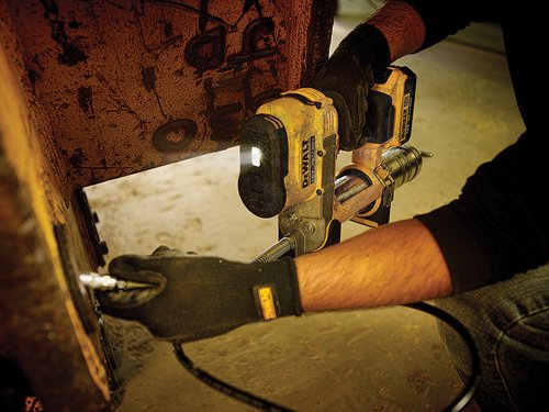 The DEWALT Cordless XR Grease Gun performs routine lubrication up to twice as fast as a manual grease gun, with 690 bar (10,000 PSI) of output pressure and a flow rate of 147g per minute. It delivers high pressure to clear clogged fittings and has a purge valve that allows the user to bleed excess air that can become trapped in pump valves.It has a 1 meter hose, for hard-to-reach fittings and an LED light, to illuminate fittings that are difficult to locate. The innovative pump filter screen on the unit helps to keep dirt from passing through the pump mechanism. It can be bulk-filled (suction or pump) or used with standard 400g grease cartridges.Includes a shoulder strap for carrying the unit during applications, 1 x 18 Volt 4.0Ah XR Li-Ion battery pack with state of charge indicator, an XR Multi-Voltage charger and a heavy-duty kitbox.Specifications:Output Pressure: 690bar/ 10,000 PSI.Feed Rate:147g/min. Grease Type: Up to NLGI #2. Grease Capacity: Bulk: 453g, Cartridge: 400g. Hose Length: 1000mm. Height: 230mm. Length: 390mm.Built in LED light.