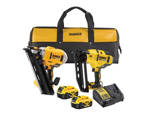 The DEWALT DCK2046P2 Twin Nailer Kit contains the following:1 x 18V DCN692 Cordless XR First Fix Nailer with two speeds to optimise the nailer for firing all lengths of nails. With brushless motor technology for excellent power and tool-free jam clearance to minimise down time. Suitable for many applications, including stud wall insulation, roofing, floor board and cladding installation etc.Max. Magazine Capacity: 55.Nail Length: 50-90mm.Nail Diameter: 2.8-3.3mm.Firing Mode: Bump and Sequential.Weight: 4.1kg.1 x 18V DCN660 Cordless XR Brushless Second Fix Nailer has a compact, lightweight and ergonomic design that makes the tool easy and comfortable to use, but durable enough for the worksite environment. The depth of drive can be easily adjusted using the handy thumb wheel depth adjuster.Max. Magazine Capacity: 110.Fires 16 Gauge Nails 32-63mm, Diameter: 1.6mm.Magazine Angle: 20°.Weight: 2.7kg.Supplied with: 2 x 18V 5.0Ah Li-ion Batteries, 1 x Multi-Voltage Charger and 1 x Tool Bag.
